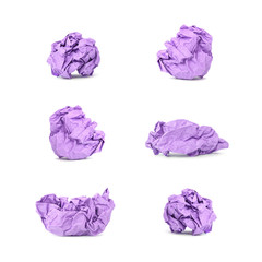 Closeup group of purple crumpled paper isolated on white background