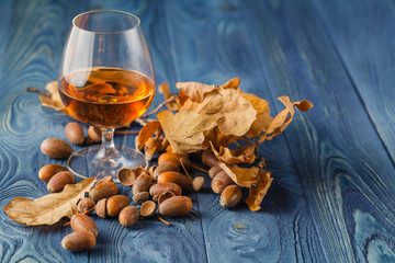 Coffee and cognac on blue wood table