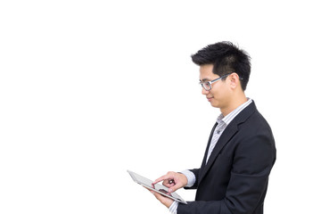 Portrait of a smart asian confident businessman holding tablet