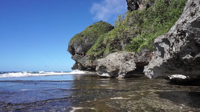Eroded limestone cliff that looks like a monster head on the coast of Rurutu island, south Pacific ocean, Austral archipelago, French Polynesia
