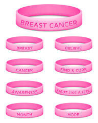 Breast cancer awareness month rubber wristband. Vector illustration.