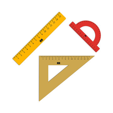 Set of ruler, triangle and a protractor. Student supplies image. Top view illustration.