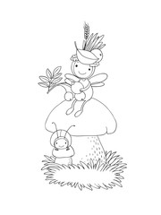Little cartoon fairy sitting on a mushroom.