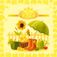 Vector illustration of autumn thanksgiving greeting card with holiday symbols on sunny background - pumpkin, umbrella parasol, rubber shoes, watering can, vineyard, modern elegant seasonal frame.