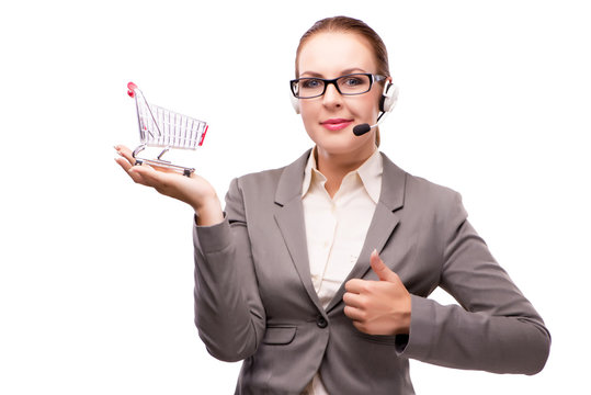 Businesswoman in telesales concept isolated on white