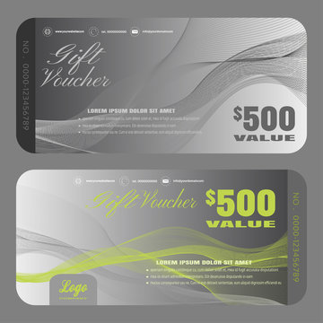 Blank of stylish gift voucher vector illustration to increase sales on gray background with gray and green lines.
