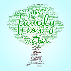 Family word cloud in shape of tree, social concept, blue background