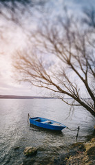 Moored boat on lake shore near tree branches no leaves. Dreamy picturesque scene. Tilt shift effect.