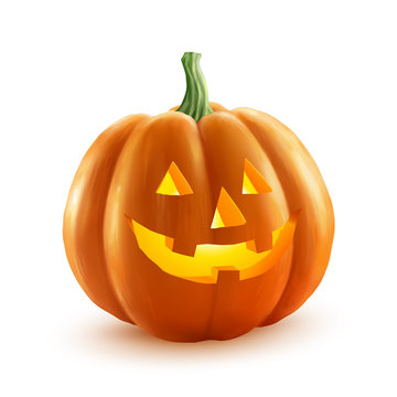 Realistic vector Halloween pumpkin with candle inside. Happy face isolated on white background.
