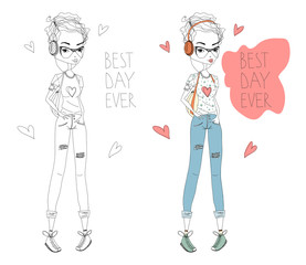 The Best Day Fashion Illustration Set with a Cute Shorthaired Girl and Lettering. Colorful and Sketch Fashion Print. Fashion Girl Illustration for Magazines, Blogs and T-Shirt Prints
