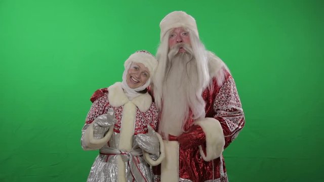 Snegurochka and Ded Moroz happy New year. Green screen, chromakey