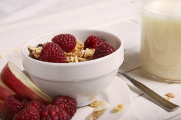 breakfast with cereals, apple, raspberry and milk 0702