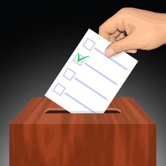  Illustration of hand putting voting paper with approved checkmark in the ballot box