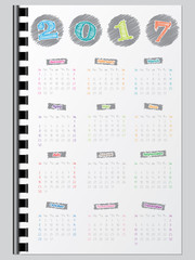 Colorful calendar with scribbled color elements for year 2017