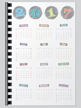 Colorful calendar with scribbled color elements for year 2017