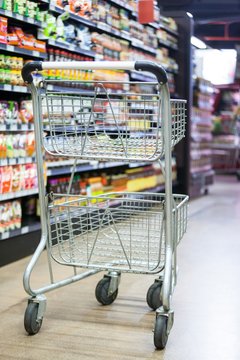 Empty shopping cart in grocery section