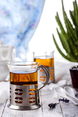 Cup of tea and lavender flowers