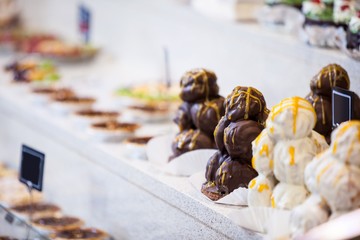 Close-up of desserts in display