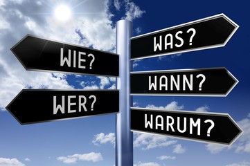 Signpost - questions in German (was? wie? wann? wer? warum? - German/ what? how? when? who? why? - English) - great for topics like frequently asked question etc. - obrazy, fototapety, plakaty