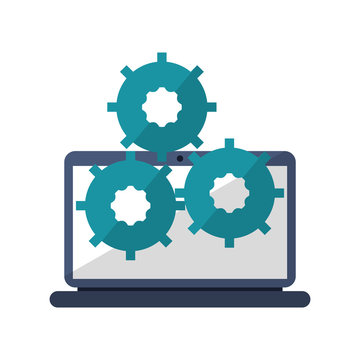 Laptop with gears icon. Gadget technology and device theme. Isolated design. Vector illustration