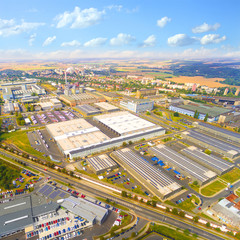 Aerial view to industrial zone and technology park on Karlov suburb of Pilsen city in Czech Republic, Europe. European industry from above. 