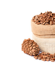 Pine  nuts in a sackcloth bag isolated