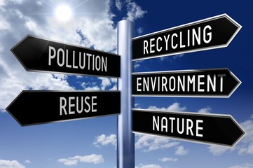 Obraz premium Signpost with 5 arrows - environment, recycling, pollution, reuse, nature.