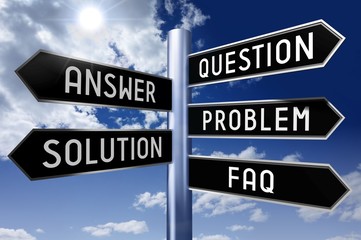Obraz premium Signpost with 5 arrows - questions, answers, problem, solution, FAQ - frequently asked questions.