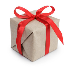 small gift box wraped in recycled paper with ribbon bow