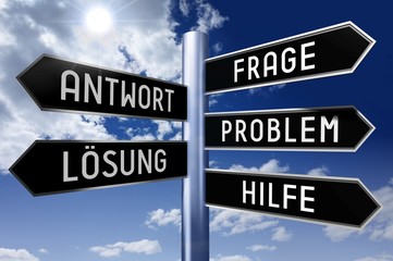 Obraz premium Signpost with 5 arrows - help concept (Frage, Antwort, Problem, Losung, Hilfe - German/ Question, Answer, Problem, Solution, Help - English).