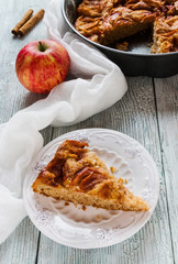 Piece of homemade sweet apple and cinnamon cake on vintage white plate. Pie in baking dish and fresh fruit on wooden background.