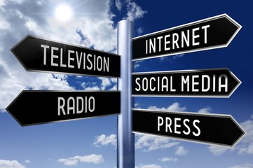 Signpost with 5 arrows - media concept (Internet, television, social media, radio, press).