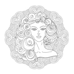 Portrait of pretty young woman view with long beautiful curly hair on doodle background. Vector illustration. Face