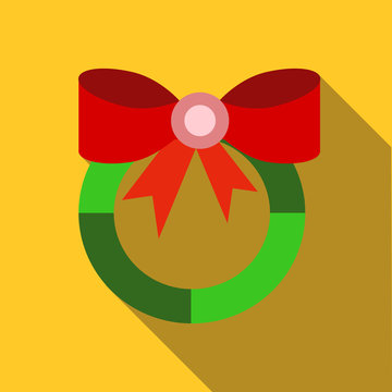 Christmas wreath with red bow icon in flat style isolated with long shadow vector illustration