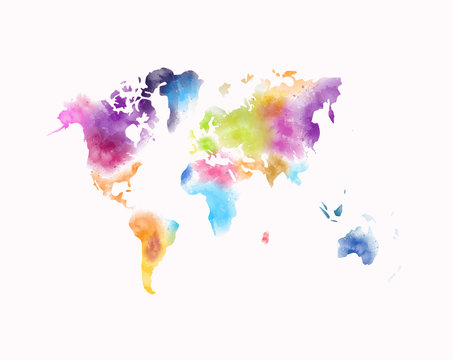 colorful watercolor world map painting isolated on white