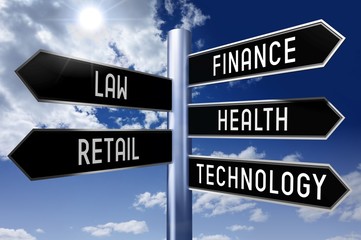 Fototapeta premium Signpost with 5 arrows - business concept (finance, law, health, retail, technology).