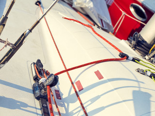 Control system staysail on sports yacht. Staysail sheet preparation