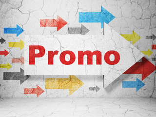 Advertising concept: arrow with Promo on grunge wall background