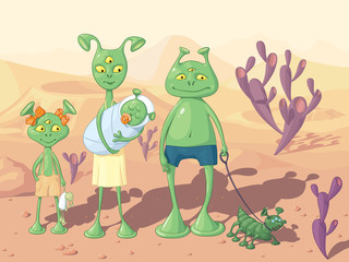 Семья зеленых гуманоидов - папа, мама, дочь и младенец, с собачкой, на фоне инопланетного пейзажа