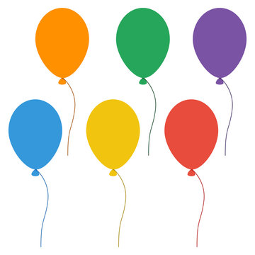Flat icon colorful balloons. Orange, green, purple, blue, yellow and red balloon. Vector illustration.