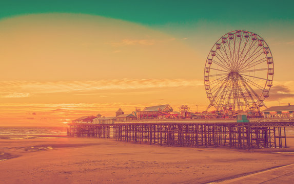 Retro Effect Photo Filter: Blackpool Central Pier and Ferris Wheel, Lancashire, England, UK