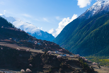 Landscape Himalays Mountains Spring.Asia Nature Morning Viewpoint.Mountain Trekking,View Village .Horizontal picture. Hikking Sport Activity.