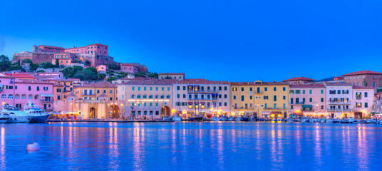 Obraz premium Night panorama over Portoferraio town of isola d'Elba, Elba island in Tuscany region, Italy.