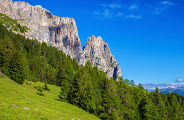 Fototapeta na wymiar Sciliar mountain in Dolomite Alps. View from Alpe di Siusi, Italy