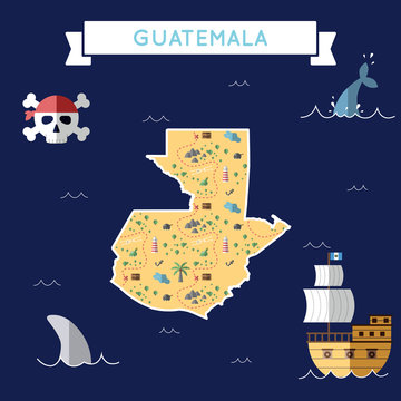 Flat treasure map of Guatemala. Colorful cartoon with icons of ship, jolly roger, treasure chest and banner ribbon. Flat design vector illustration.