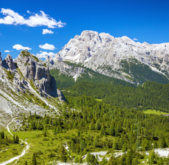Beautiful landscape on the way from Misurina to Tre Cime di Lavaredo in Dolomites. Mountains in Northern Italy