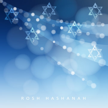 Rosh Hashanah, Jewish New Year holiday or Hannukah greeting card with lights and Jewish stars. Modern blurred vector