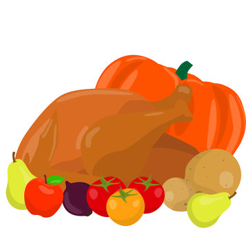 Cooked thanksgiving turkey with vegetables. Vector illustration.