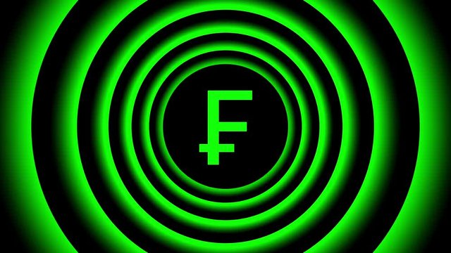 Growing Swiss frank sign surrounded by green blurred circles - visual illusion. 3D rendering Switzerland frank seamless looping animation 3840x2160, 4k.