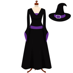 Halloween witch costume. Black and purple gothic dress, black hat with purple ribbon and buckle. Witch set. Vector illustration.